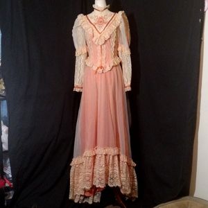 VTG Burnt Orange/Cream Cottagecore Lace FINELY Detailed Gown JC Penney Sz 9/10